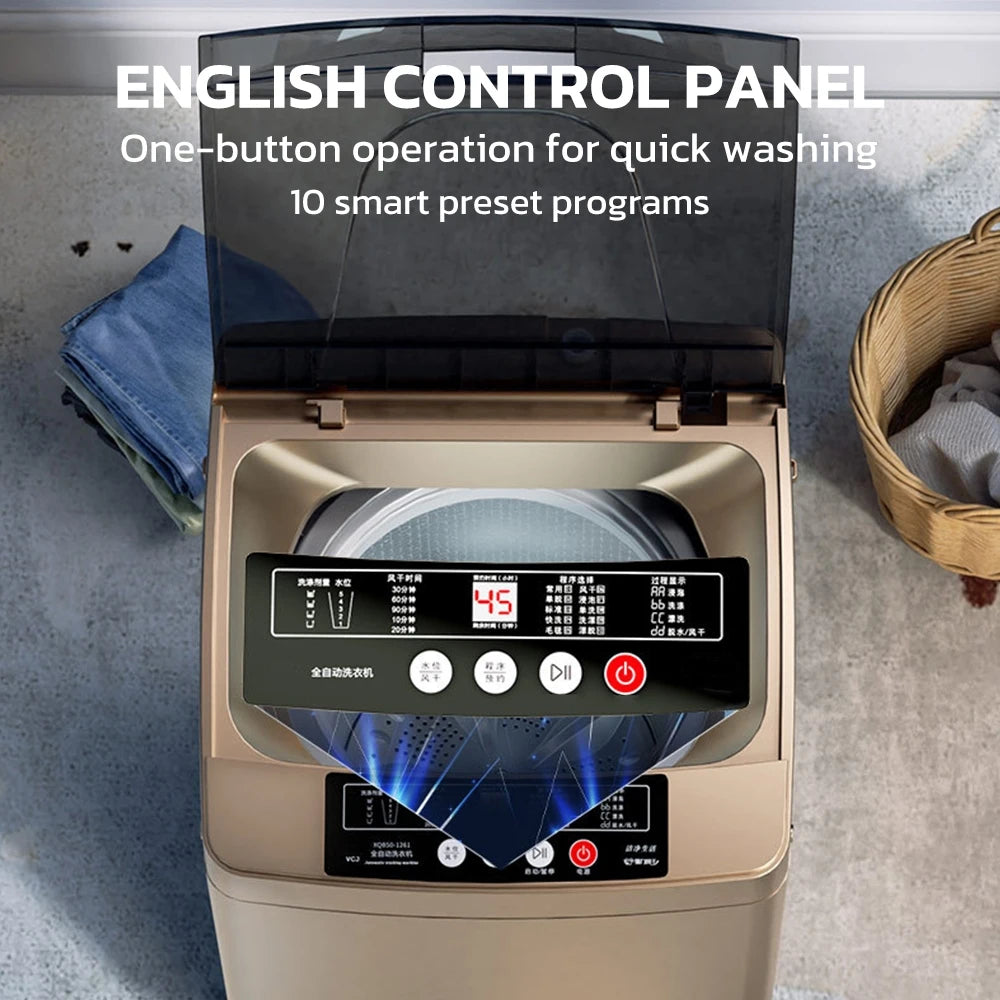 Full Automatic Washer Machine Portable Washing Machine Laundry Washer with 10 Wash Programs& LED Display& Built-in Drain Pump