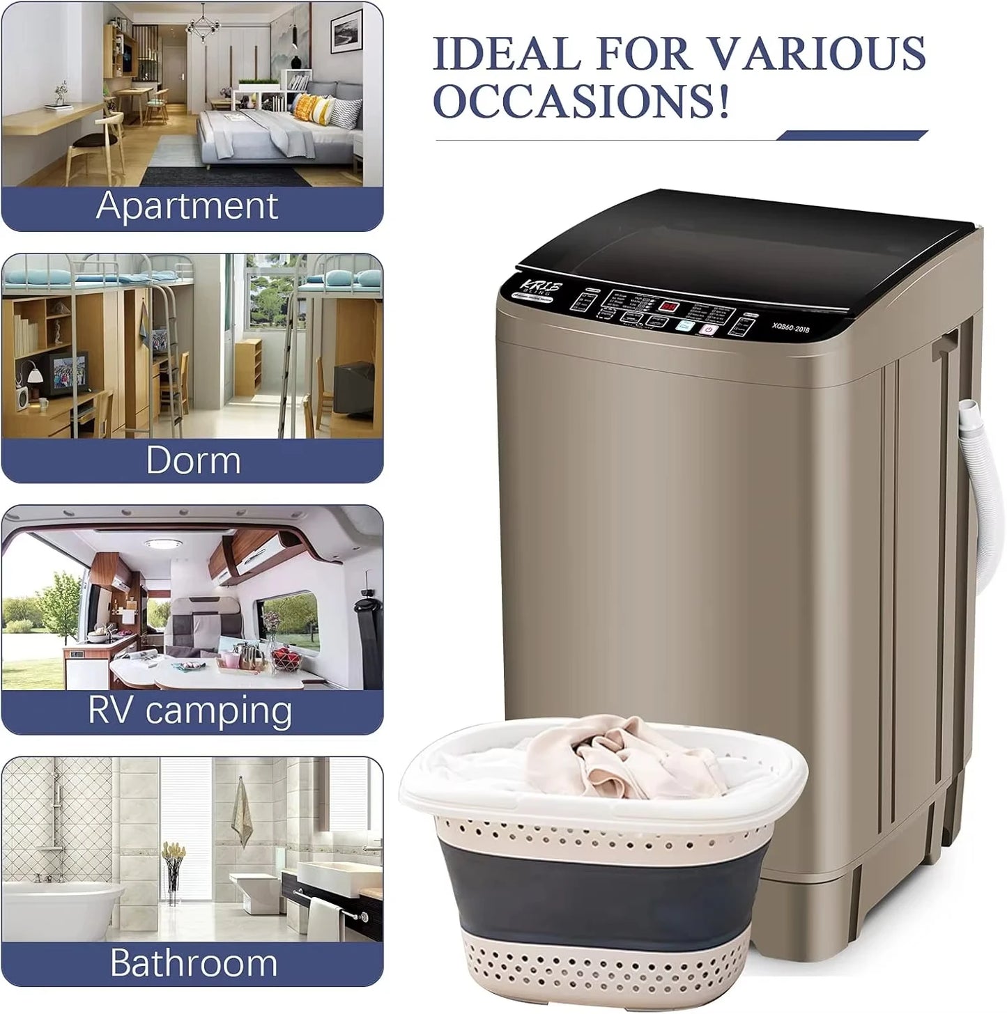 Full Automatic Washer Machine Portable Washing Machine Laundry Washer with 10 Wash Programs& LED Display& Built-in Drain Pump