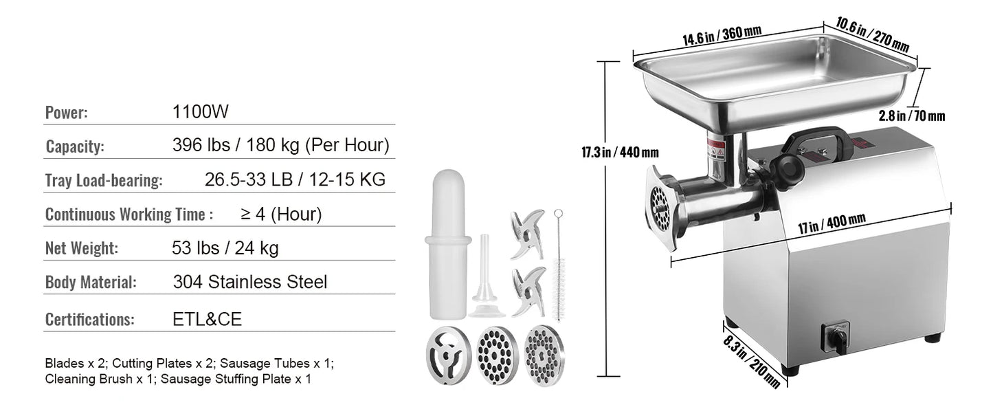 SucceBuy Electric Meat Grinder Food Processors Sausage Maker Filler Mincer Stuffer Stainless Steel with 2 Blades for Kitchen