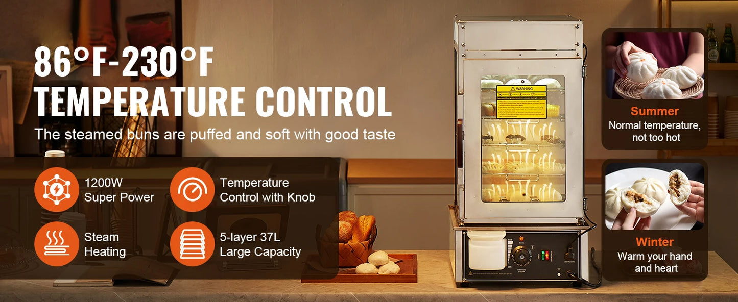 SucceBuy Commercial Food Warmer Display Food Steamer Bun Warmer Machine Temperature Control Stainless Steel Steamed Buns Warmer