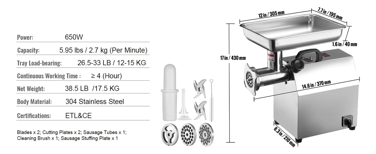 SucceBuy Electric Meat Grinder Food Processors Sausage Maker Filler Mincer Stuffer Stainless Steel with 2 Blades for Kitchen
