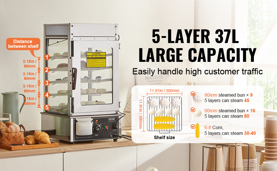 SucceBuy Commercial Food Warmer Display Food Steamer Bun Warmer Machine Temperature Control Stainless Steel Steamed Buns Warmer
