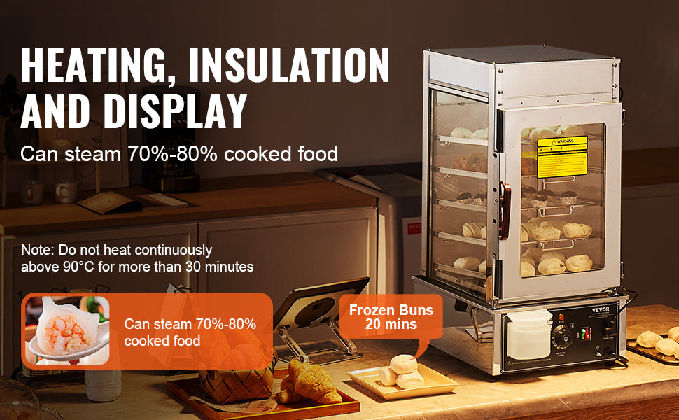 SucceBuy Commercial Food Warmer Display Food Steamer Bun Warmer Machine Temperature Control Stainless Steel Steamed Buns Warmer