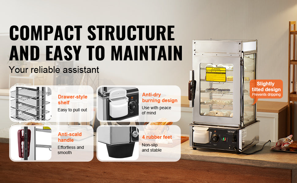 SucceBuy Commercial Food Warmer Display Food Steamer Bun Warmer Machine Temperature Control Stainless Steel Steamed Buns Warmer
