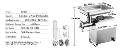 SucceBuy Electric Meat Grinder Food Processors Sausage Maker Filler Mincer Stuffer Stainless Steel with 2 Blades for Kitchen
